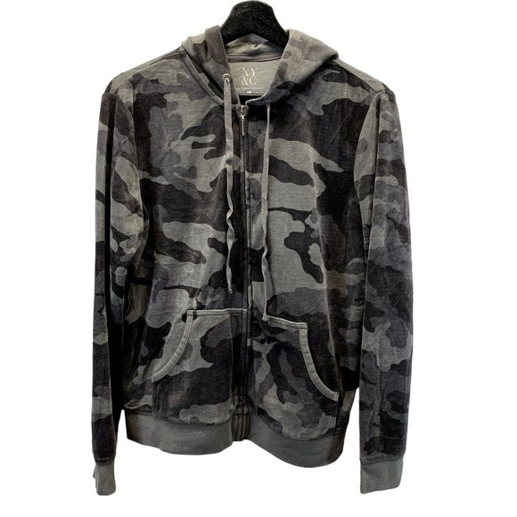 NY&C Sweatsuit Womens L Grey Camo Hooded Velour Zip Front Jacket Pull On Pants - Picture 2 of 16